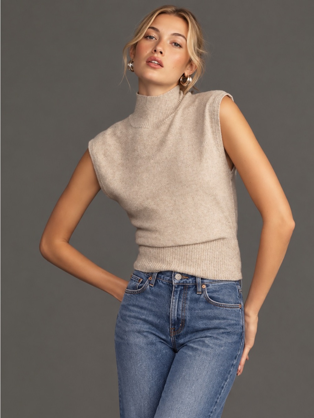 Arco Cashmere Sleeveless Turtleneck Sweater Sleeveless Oatmeal size M Minimalist